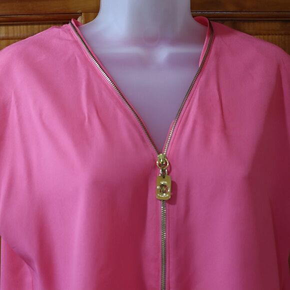 Michael Michael Kors Hot Pink Gold Zip V-Neck Blouse Relaxed Cap Sleeve Medium - Picture 3 of 10